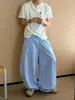 Calça de Seda Gelo Listrada Azul para Homens, Estilo Coreano de Verão, Caimento Relaxado e Solto, Estilo Old Money, Calça Casual Larga Solta