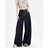 Jeans de Verano Finos de Pierna Ancha para Mujer Talla Plus, Cintura Alta, Corte Holgado, Adelgazantes, Caída Suelta, Azul Oscuro, Pantalones Largos