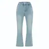 Jeans feminino coreano vintage lavado azul claro boca de sino, estilo coreano, valoriza os quadris e quadris, calça boca de sino de cintura alta