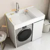 Armario compacto para lavandería de balcón con fregadero integrado, armario para lavadora de carga superior con tabla de lavar, mueble de baño