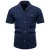 Camisa de algodão listrada vertical com colarinho cubano para o verão de 2026 masculina casual de negócios exportação transfronteiriça camisa masculina de manga curta