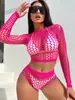 Tejido a Crochet Red de Pescado Hueco Manga Larga Cubre Traje de Baño Malla Superior Bikini Ropa de Playa Cubre Traje Vacaciones en la Costa Conjunto de Dos Piezas