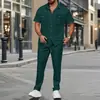 2025 Estação Independente Europeia e Americana Masculina Transfronteiriça Verão Novo Cor Pura Botão Bolso com Aba Calças Camisa Manga Curta Conjunto de Duas Peças