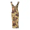 Ropa de mujer estilo europeo y americano, estilo elegante francés, estampado floral, mangas acampanadas pequeñas, ceñido a la cintura, entallado, vestido de malla sexy y elegante
