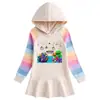 2023 Primavera e Outono novo algodão cartoon arco-íris vestido feminino de manga comprida com capuz camisola vestido de princesa