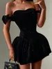 Vestido de Color Sólido Sin Tirantes de Comercio Exterior 2025, Vestido Abullonado Off-Shoulder con Lazo, Vestido de Gala con Lentejuelas que Ceñe la Cintura