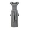 Vestido Francês Cinza de Manga Curta com Alças para Mulheres Verão Estilo Coreano High-End Cintura Fina Emagrecedor Saia Longa