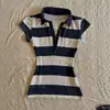 Camiseta corta de mujer Y2K de verano, estilo INS transfronterizo, con bloques de color y rayas anchas, cuello polo de manga corta, corte recto, hombros rectos, retro