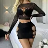 Sexy Negro Huecos Lencería Sexy Exportación Europea y Americana Faldas de Cadera para Mujer Malla Jacquard Transparente K252