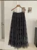 KEKEZOON Vestido de Malla de Hada Suave para Pastel Otoño Nuevo Cintura Alta Adelgazante Línea A Plisado Largo 8743