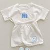 Conjunto Casual de Algodón de Manga Corta para Bebé y Niño con Estilo Ins Coreano Color Caramelo Camiseta con Letras de Bebé y Smiley Shorts Conjunto de Dos Piezas