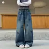 Calça Jeans Bordada com Flores para Meninas 2026 Novidades de Outono Tamanhos Médio e Grande Calças de Perna Larga Calças de Perna Reta Calças Longas Casuais para Crianças