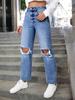 Ventas Directas de Fábrica Transfronterizas Europeas y Americanas Pantalones de Pierna Ancha Lavados Rotos Jeans Largos de Pierna Recta Pantalones Casuales para Mujer