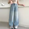 Calça Jeans Feminina 2026 Novidades de Outono Crianças de Tamanho Médio e Grande Estilo Coreano Calça de Pernas Largas Calça de Perna Reta para Primavera e Outono com Patch de Listra Lateral