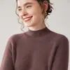 Suéter de cashmere Bai Cai Rong 2026 com mangas raglan, gola semi-alta, design versátil, corte solto, macio e amigo da pele