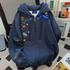 Nueva Sudadera Cardigan con Capucha Color Albaricoque Estilo Americano con Estampado de Graffiti para Mujer, Ropa de Otoño e Invierno Estilo Perezoso Estudiante con Cremallera