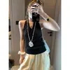 Conjunto Estilo Resort Moqie Mezcla de Tencel y Lino Cuello Halter Cuello en V Espalda Descubierta Chaleco de Punto Trenzado MQ1598