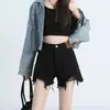 Shorts de Mezclilla Negros de Cintura Alta para Mujeres Pequeñas 2025 Nuevo Verano Pierna Ancha Look Adelgazante Rasgados Sexy Línea A Pantalones Cortos Calientes