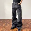 Jeans largo de cor sólida em brim cru para homens, calças compridas retas estilo retrô de rua americano para outono