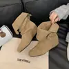 Primer Encuentro Ji Meilade Hebilla de Cinturón Bota Vaquera Botas de Caña Media Arrugadas de Dos Vías Otoño/Invierno Versátiles Adelgazantes Retro