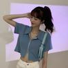 Comercio Exterior Color Puro Verano Diseño Popular Doble Cremallera Top Corto Descubriendo el Ombligo Camiseta de Manga Corta para Mujer