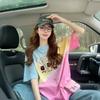 Playera de Algodón Puro con Graffiti de Dibujos Animados de Estilo Dulce para Mujer, Diseño Popular Colorido Borroso de Este Año, Top Holgado y Versátil