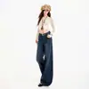 Pantalones largos retro de mezclilla de pierna ancha con jacquard de cintura alta con caída hasta el suelo azul retro azul retro extra largos Yi Chun