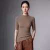 Camiseta de malha base gola alta 100% imitação de lã pura para mulheres, manga média, padrão espinha de peixe, suéter slim fit, top para camada interna