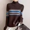 Nuevo Suéter de Punto para Mujer Otoño/Invierno 2026, Cuello Alto Medio, Manga Larga, Tejido de Canalé, Bloques de Color, Camiseta Base Rayada, Transfronterizo
