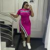 901376 Vestido feminino europeu e americano de gola redonda com fenda, saia casual da moda