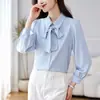 Foto Real da Nova Camisa Versátil de Manga Longa com Gravata Borboleta Estilo Coreano para Mulheres - Coleção Primavera 2026