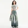 En stock, sin pretina, nuevo de la primavera 2026, jeans de pierna ancha retro americano para mujer, corte holgado, adelgazantes, pantalones rectos con borde crudo