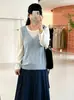 Suéter de tricô feminino plus size com gola redonda, imitando duas peças, coleção outono 2026, top em camadas de manga longa para mulheres plus size