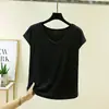 Nueva camiseta fina de verano para mujer con cuello en V y manga corta de seda ecológica, adecuada para usar en capas, estiliza la figura y se puede usar como prenda exterior con diseño de hombro normal