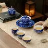Coleção de Conjunto de Chá Pintado à Mão com Padrão Floral Azul e Borboletas das Dinastias Tang e Song, Flores Amantes de Borboletas, Bule Doméstico, Gaiwan, Xícara do Mestre, Xícara de Chá, Suporte para Panela