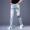 Pantalones de Mezclilla Estampados Estilo Estación Europea de Primavera y Otoño para Hombre, Marca de Moda, Corte Ajustado, Leggings Elásticos, Estilo Coreano, Bordados de Moda, Pantalones Largos