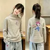 Camiseta Térmica de Manga Larga Base Casual para Niña Otoño/Invierno Nuevo Estilo Cuello Semi Alto Parte Superior Cepillada Ropa Interior Rayada para Bebé
