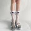 Calcetines de primavera y verano Lolita Rose con encaje de lunares y jacquard hasta la pantorrilla, calcetines blancos hasta la pantorrilla con lazo y encaje hueco para mujer