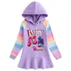 2026 Primavera e Outono Novo Algodão Desenho Animado Arco-Íris Vestido de Menina Moletom com Capuz de Manga Comprida Infantil Vestido de Princesa