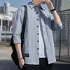 Roupa de Trabalho Verão Manga Curta Algodão Mercerizado Masculina Business Solta Bonita Fashion Casual 7 Sete-mangas Camisa