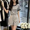 Camiseta de Verano Nueva para Mujer de Manga Corta, Ajustada, Casual, con Costuras de Color Contrastante, Ropa de Moda, Top de Cuello Redondo, Camiseta Corta para Chica