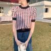 Camiseta de Tricô Vintage Pied-de-Poule de Manga Curta para Mulheres, Novo Design de Verão 2026, Tendência Casual de Nicho