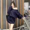 Top de dos piezas transfronterizo estilo americano holgado casual cuello oblicuo manga larga para mujer cordón cintura alta ajustado plisado tendencia
