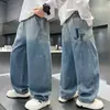 Jeans de Perna Larga para Meninos Primavera e Outono Marca da Moda Corte Reto Solto Crianças Pequenas e Grandes Estilo Coreano Moda Bordado de Letra Calça Longa Verão