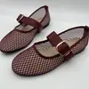 Zapatos de malla para mujer 2026 nuevos de verano con pedrería huecos transpirables estilo francés con faldas boca poco profunda de fondo plano para mujer