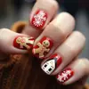 Unhas Postiças Removíveis Quadradas Curtas Vermelhas com Estampa de Flocos de Neve, Homem de Gengibre Marrom e Casa - Para Uso no Natal