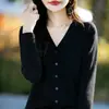Nuevo cárdigan de punto de algodón puro con cuello en V para otoño e invierno para mujer, suéter holgado de talla grande, ropa de mujer, top de manga larga de alta gama