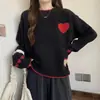 Novo Suéter Feminino Outono/Inverno 2026 com Bordado de Coração, Estilo Coreano, Caimento Solto, Tricô Pulôver com Gola Redonda