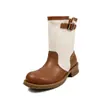 Botas estilo Martin de piel de vaca de dos capas + tela, modelo nuevo de otoño, punta redonda, tacón medio, sin cordones, botas individuales de bloques de color, botas de media pantorrilla