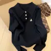 Tecido de fio fiado no centro, gola polo, suéter preto de tricô em trança, nova malha de outono, blusa interna solta e modeladora